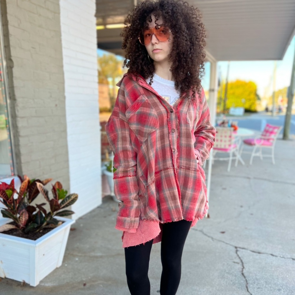 Oli & Hali check flannel button up long shacket with hood